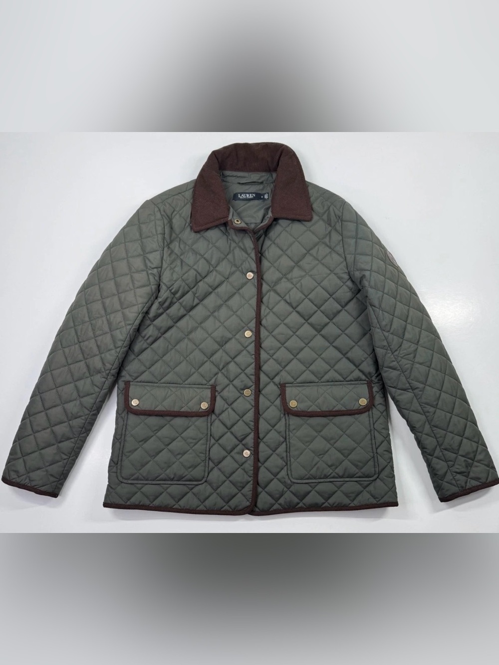 Lauren Ralph Lauren Olive Green Quilted Field Jacket with Brown Trim L NWT